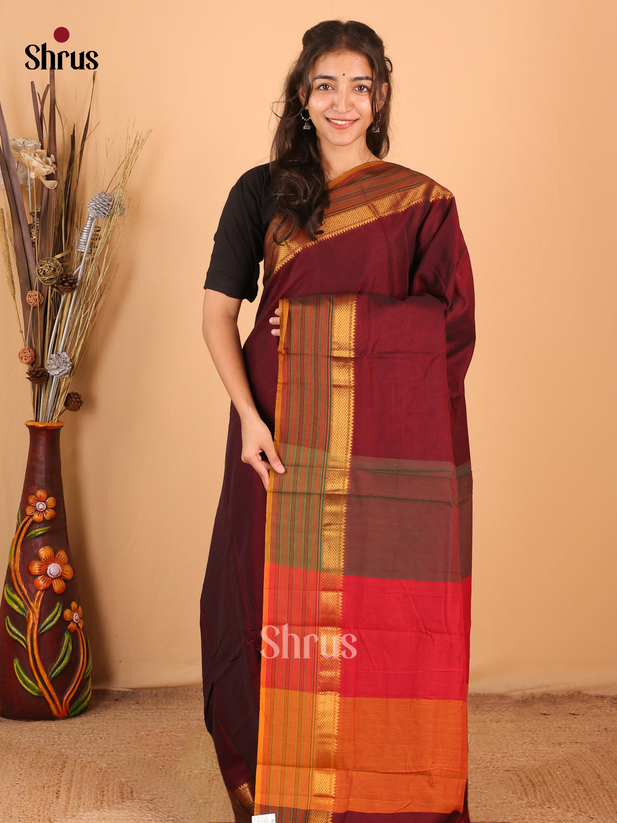 Maroon & Mustard - Narayanpet Cotton Saree - Shop on Shrus.com