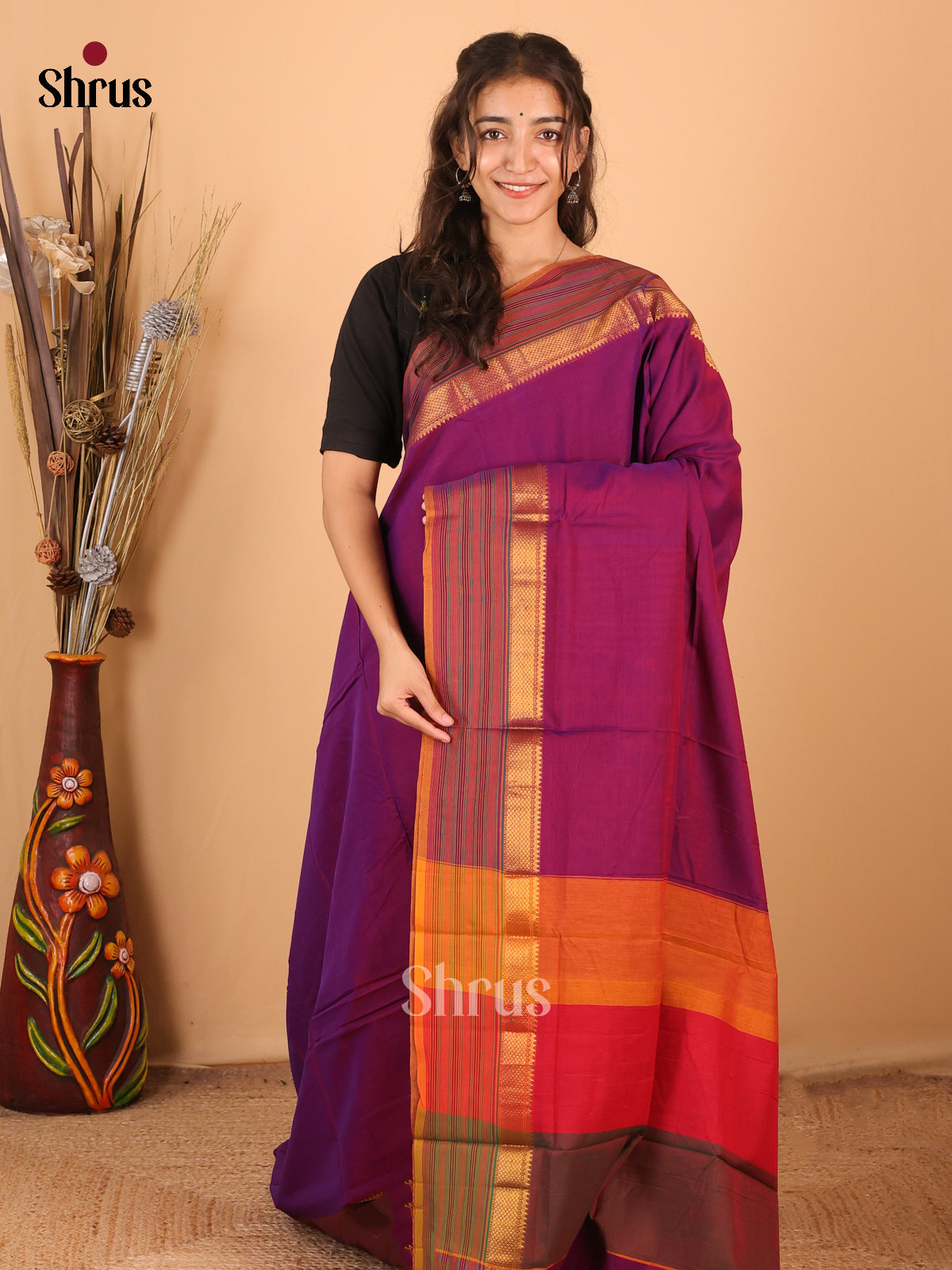 Purple & Mustard- Narayanpet Cotton Saree - Shop on Shrus.com