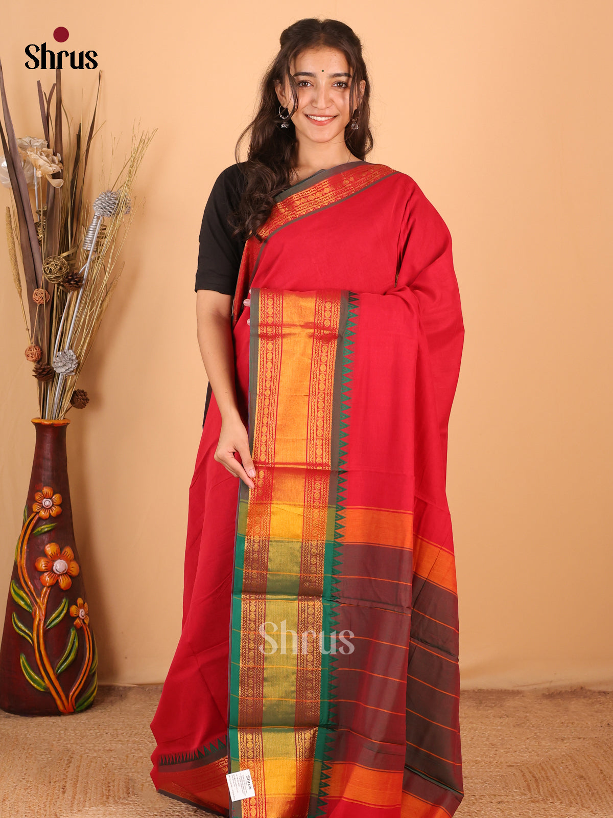 Red & Green - Narayanpet Cotton Saree - Shop on Shrus.com