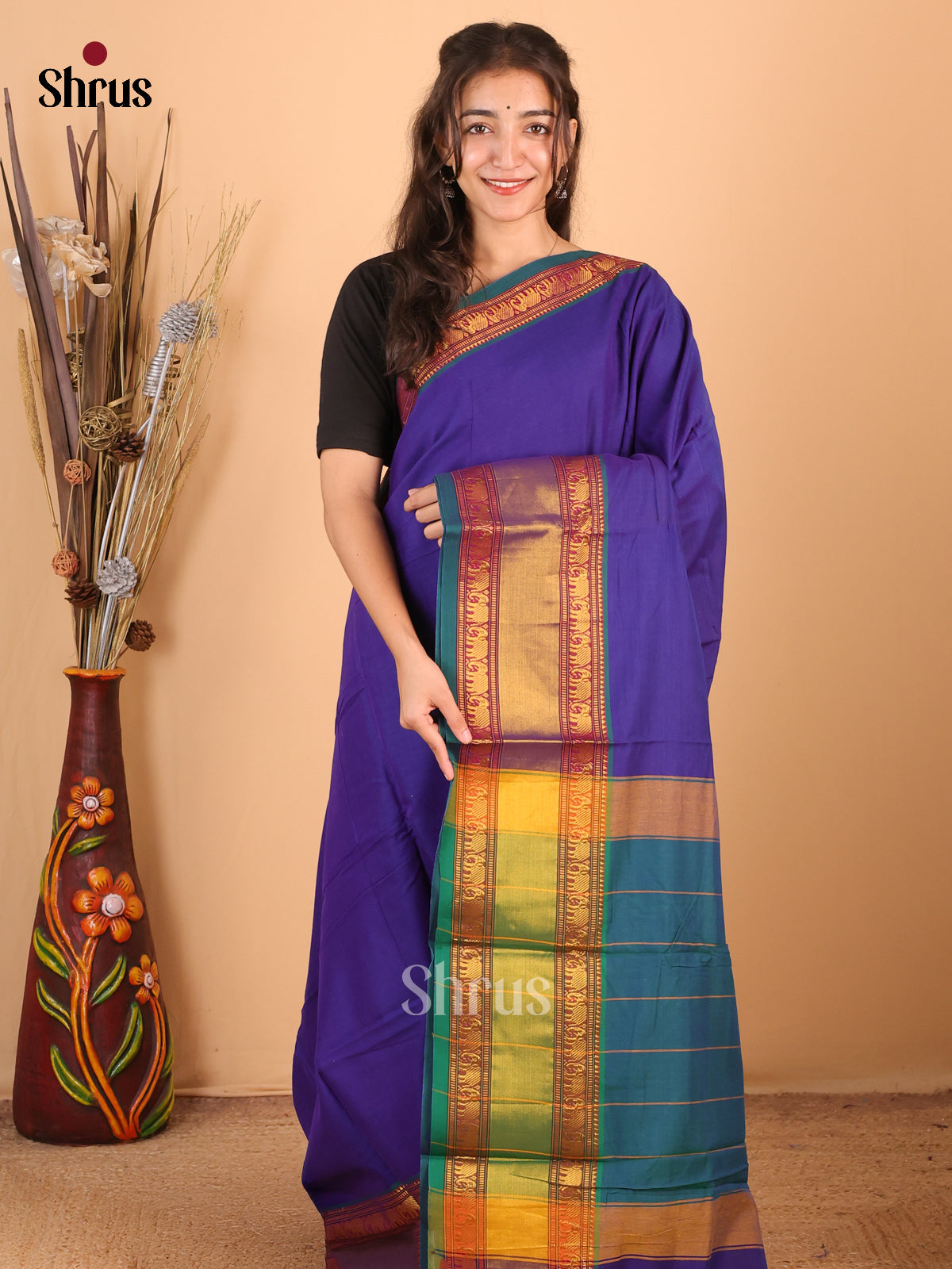 Purple & Blue - Narayanpet Cotton Saree - Shop on Shrus.com