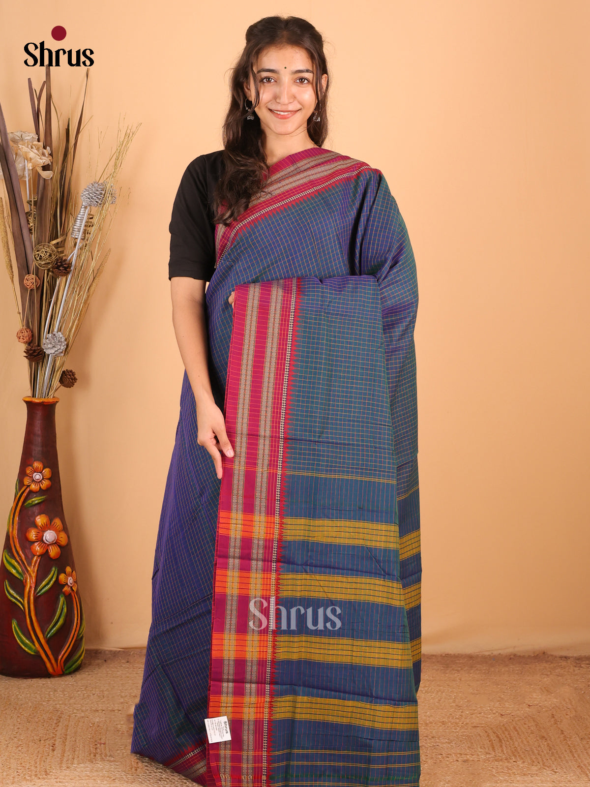 Blue & Maroon - Narayanpet Cotton Saree - Shop on Shrus.com