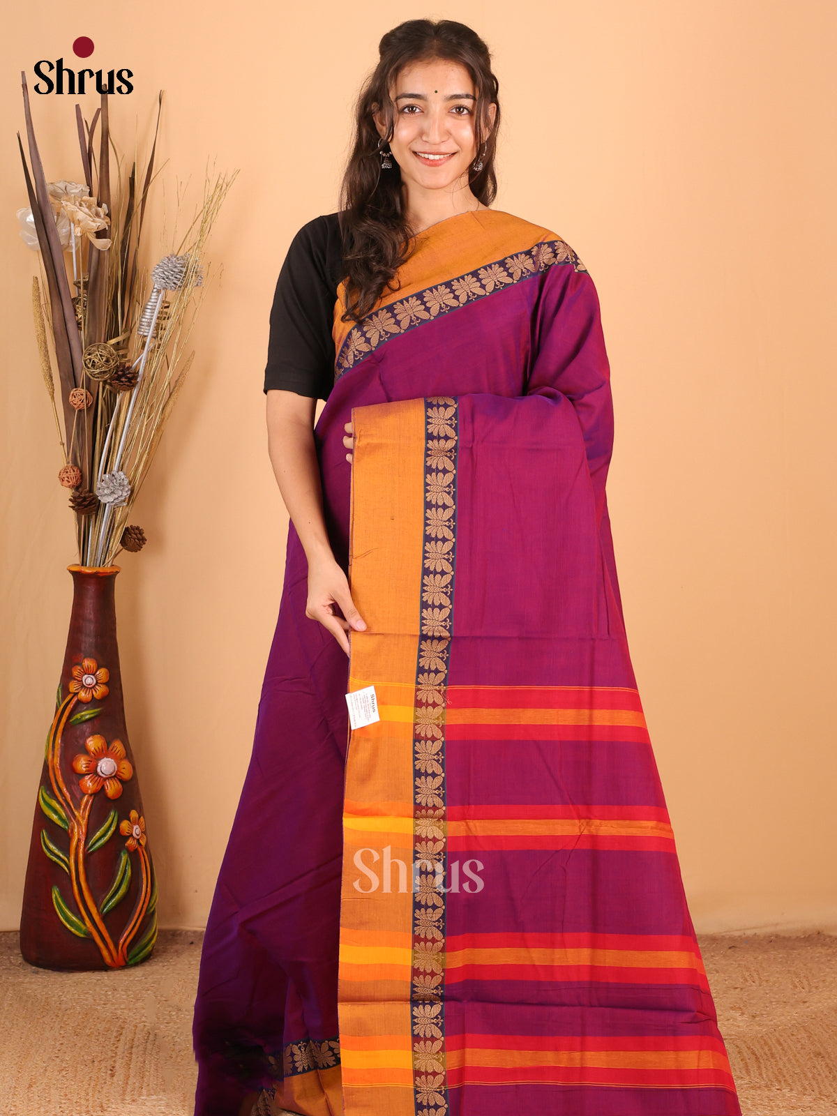 Purple & Mustard - Narayanpet Cotton Saree - Shop on Shrus.com