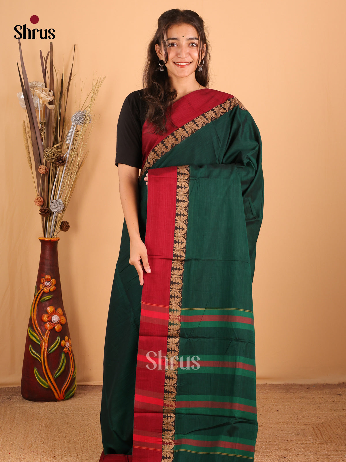 Green & Maroon - Narayanpet Cotton Saree - Shop on Shrus.com