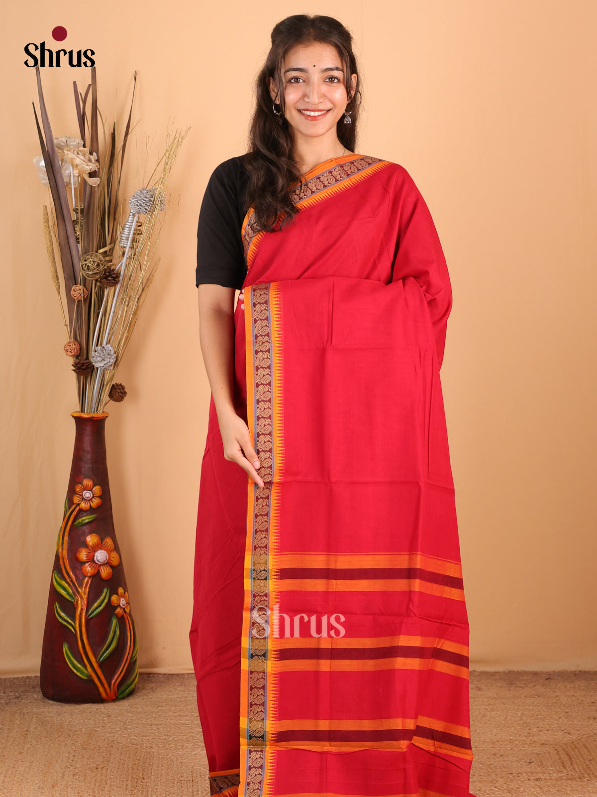 Red & Mustard - Narayanpet Cotton Saree - Shop on Shrus.com