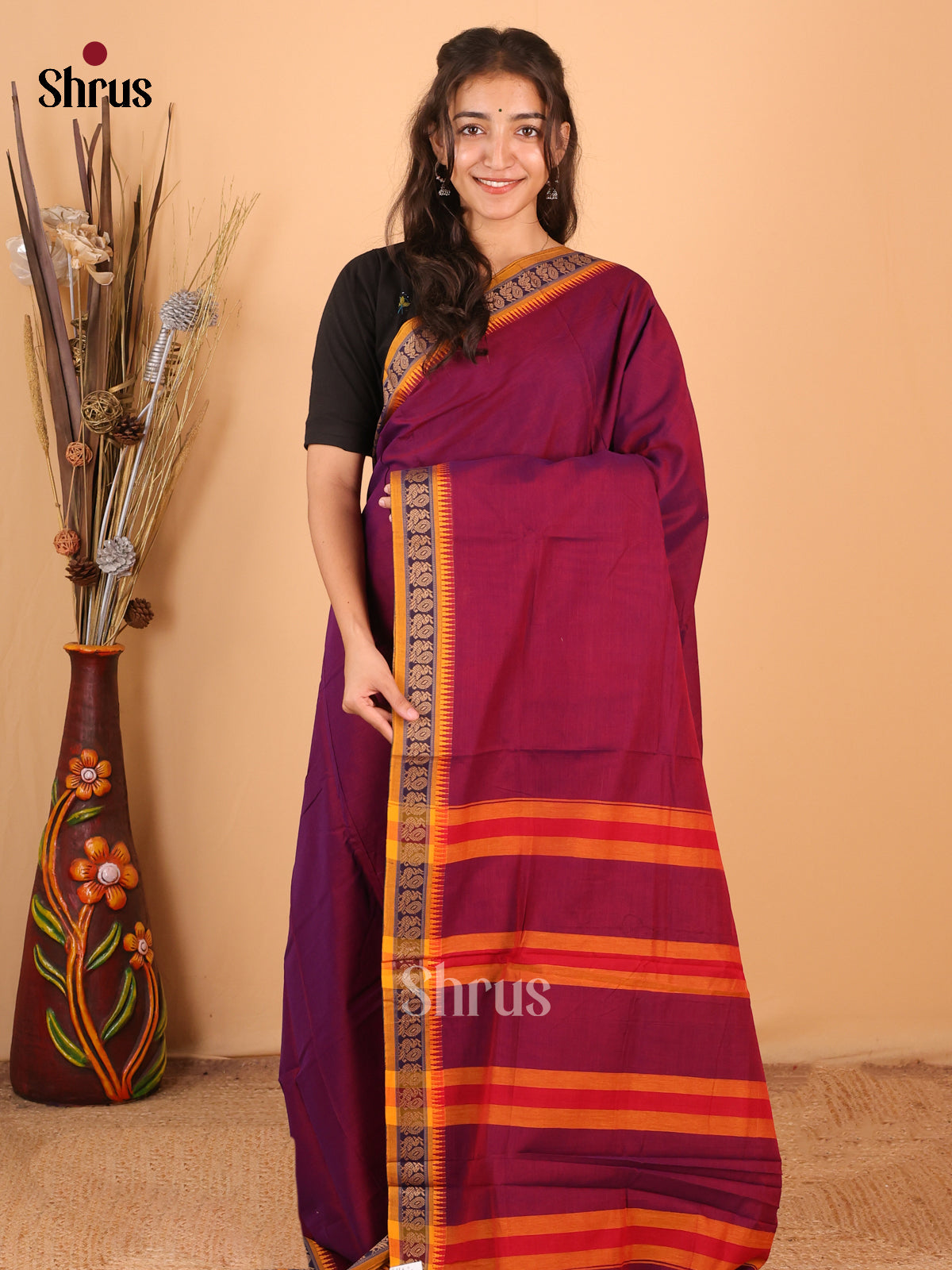 Maroon & Mustard - Narayanpet Cotton Saree - Shop on Shrus.com