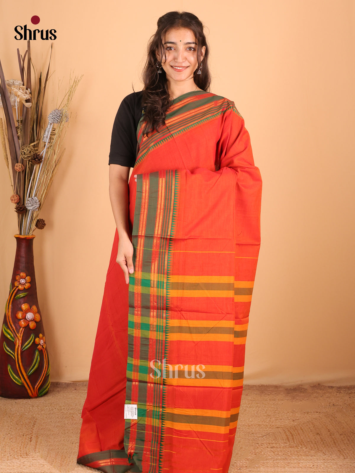 Orange & Green- Narayanpet Cotton Saree - Shop on Shrus.com