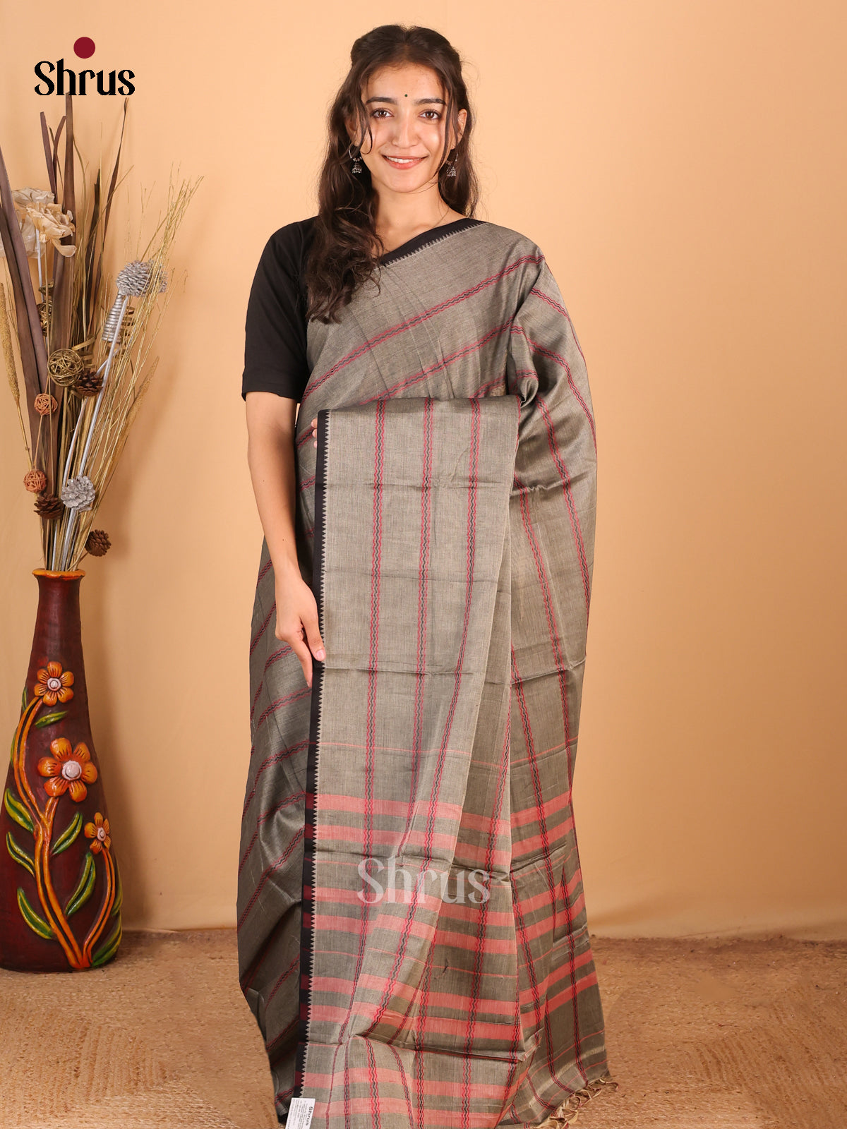 Grey - Narayanpet Cotton Saree - Shop on Shrus.com