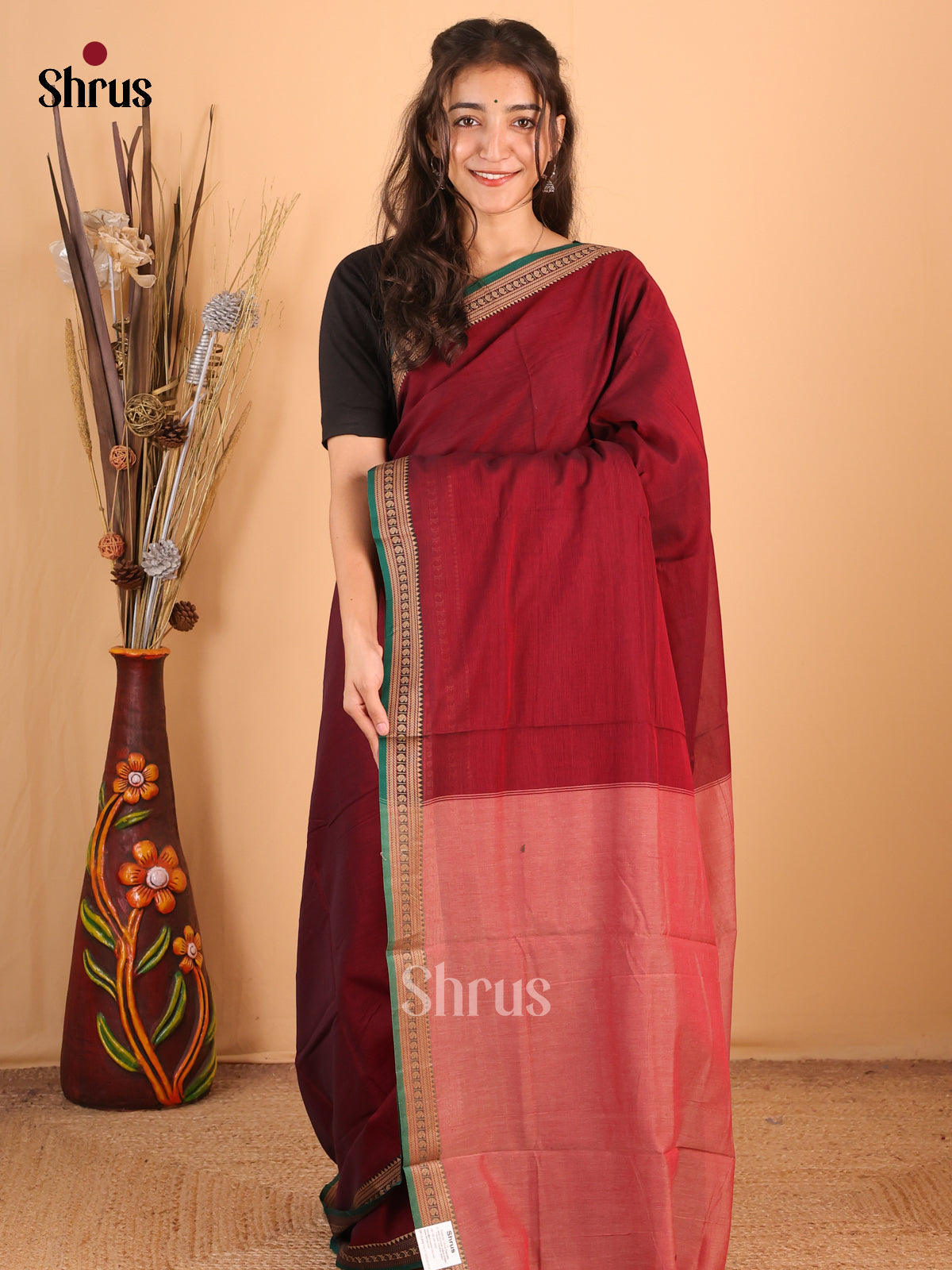 Maroon & Green- Narayanpet Cotton Saree - Shop on Shrus.com