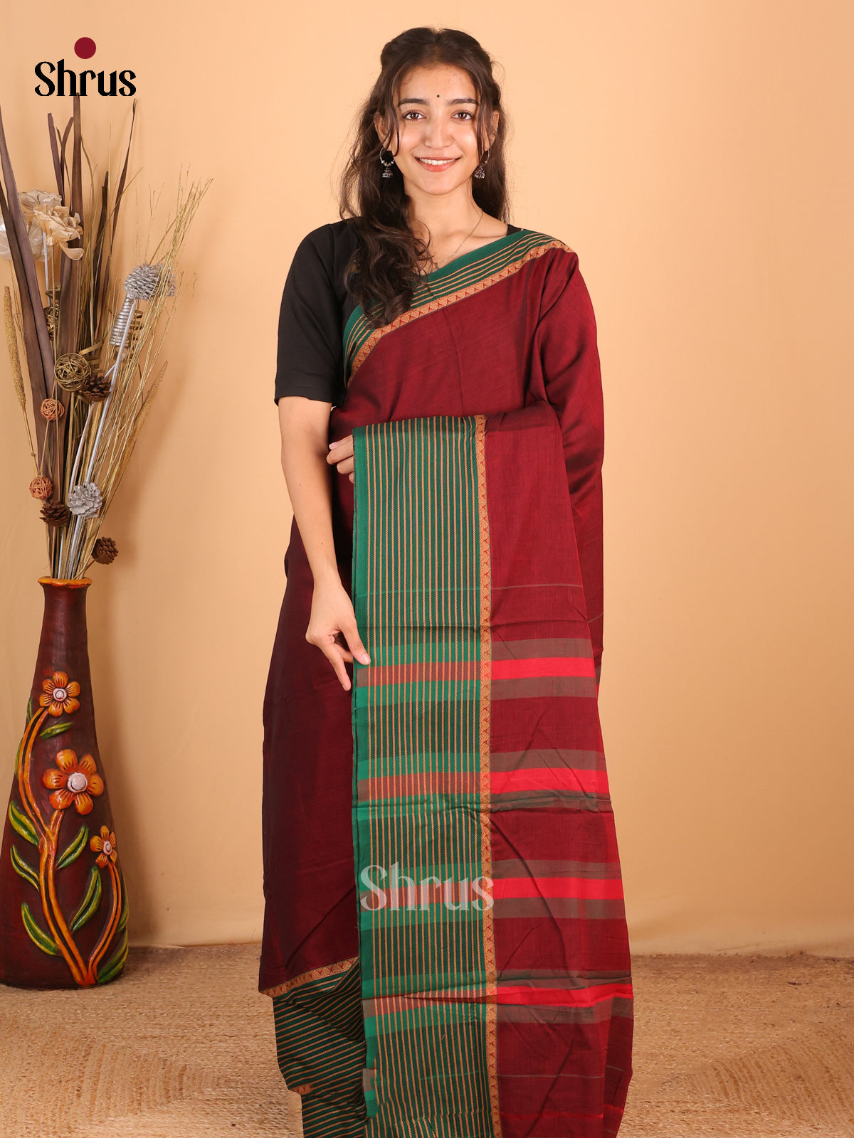 Maroon & Green - Narayanpet Cotton Saree - Shop on Shrus.com