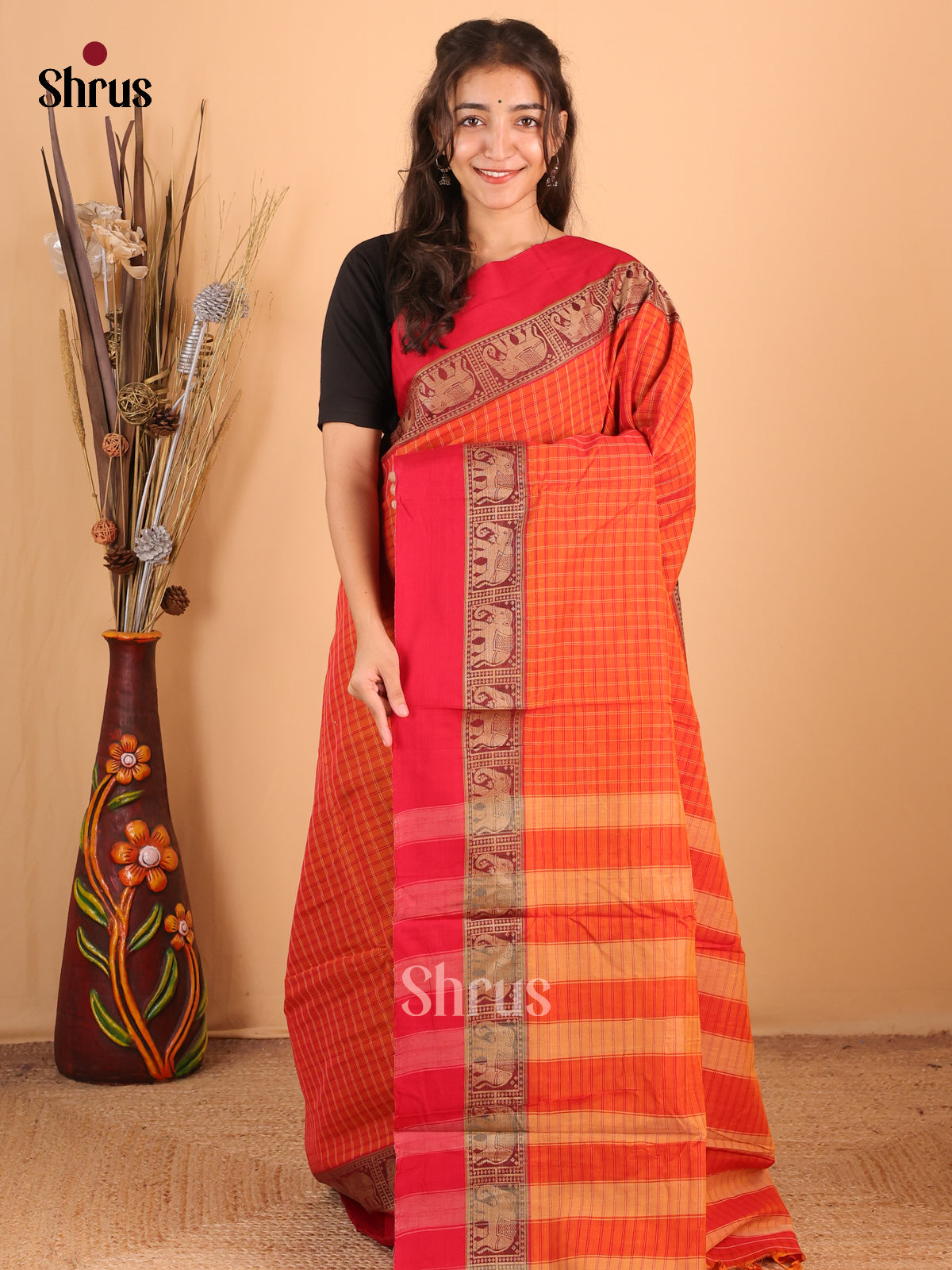 Orange & Red - Narayanpet Cotton Saree - Shop on Shrus.com