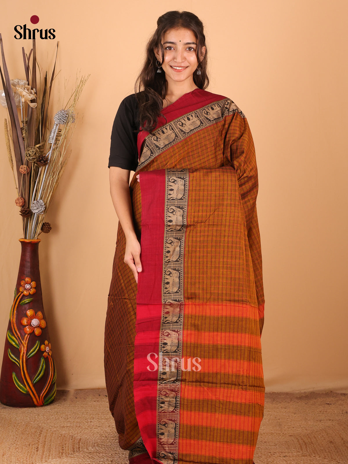 Dark Mustard & Maroon - Narayanpet Cotton Saree - Shop on Shrus.com
