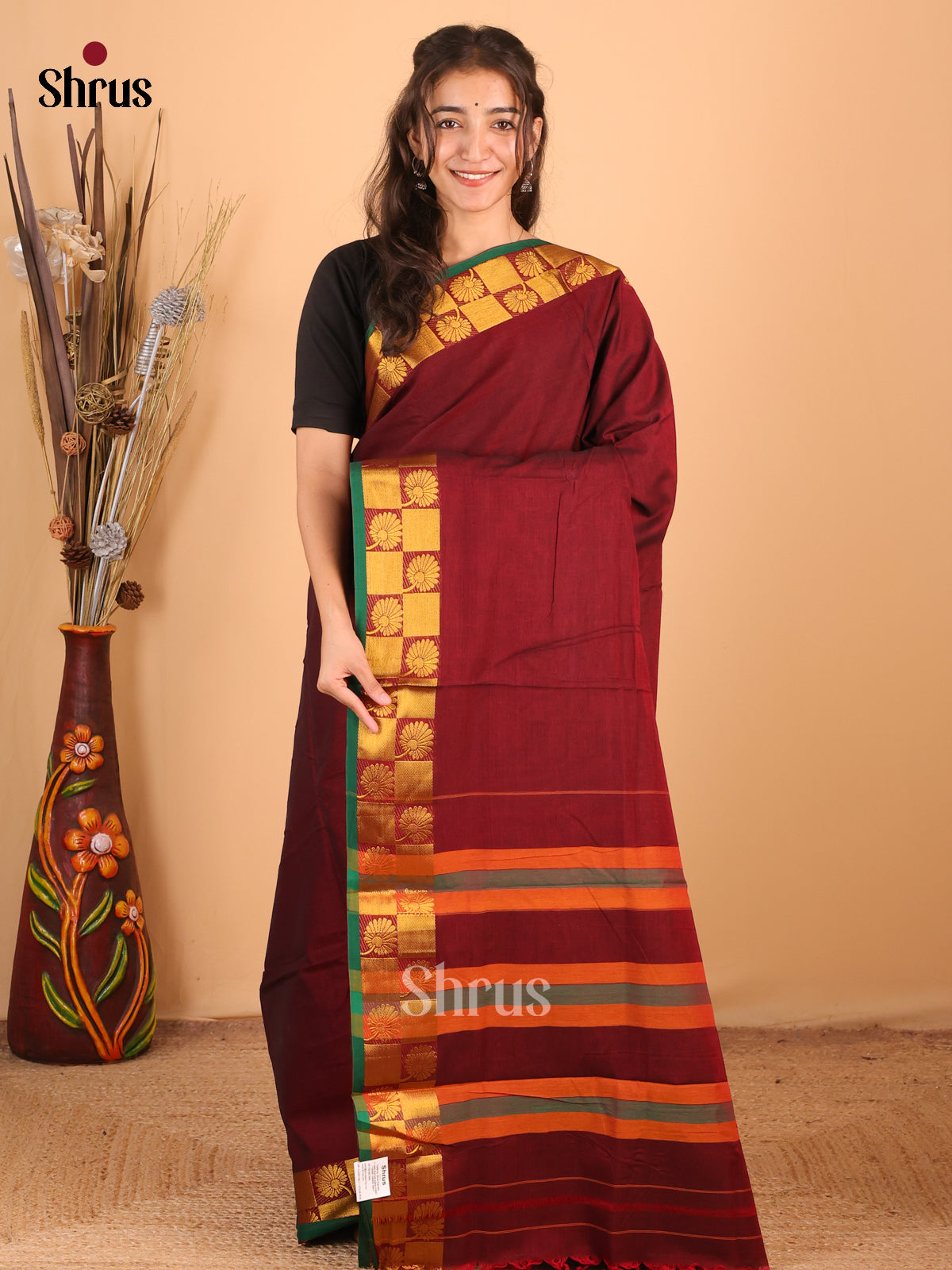 Maroon - Narayanpet Cotton Saree - Shop on Shrus.com