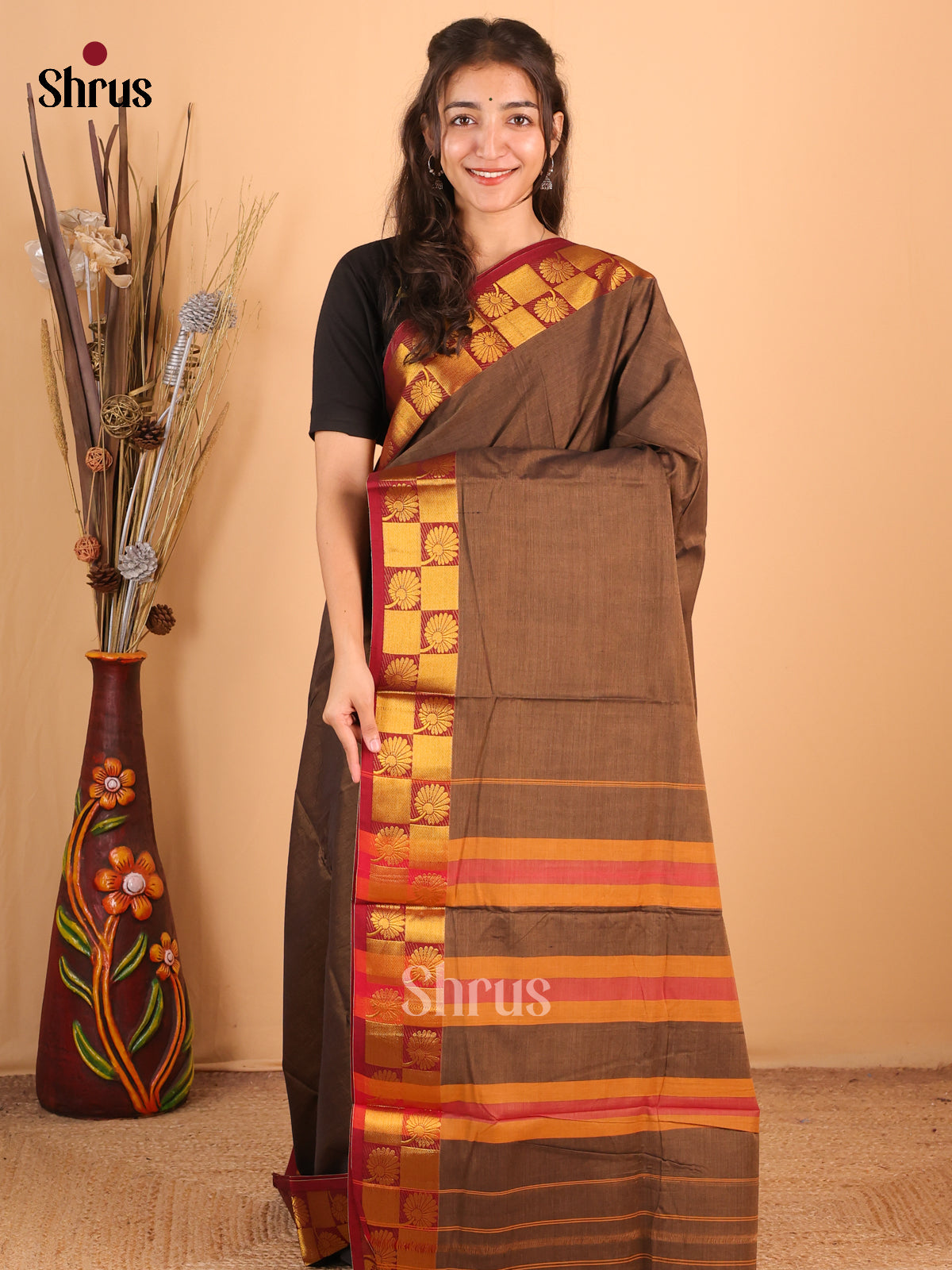 Grey & Maroon- Narayanpet Cotton Saree - Shop on Shrus.com