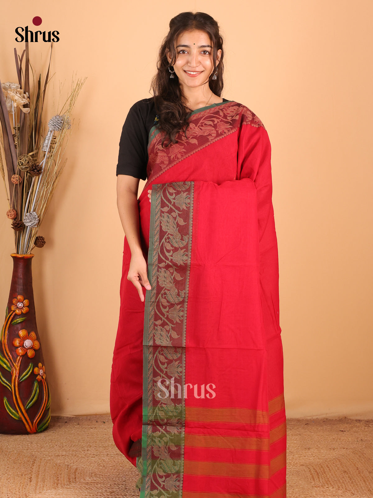 Red & Brown - Narayanpet Cotton Saree - Shop on Shrus.com