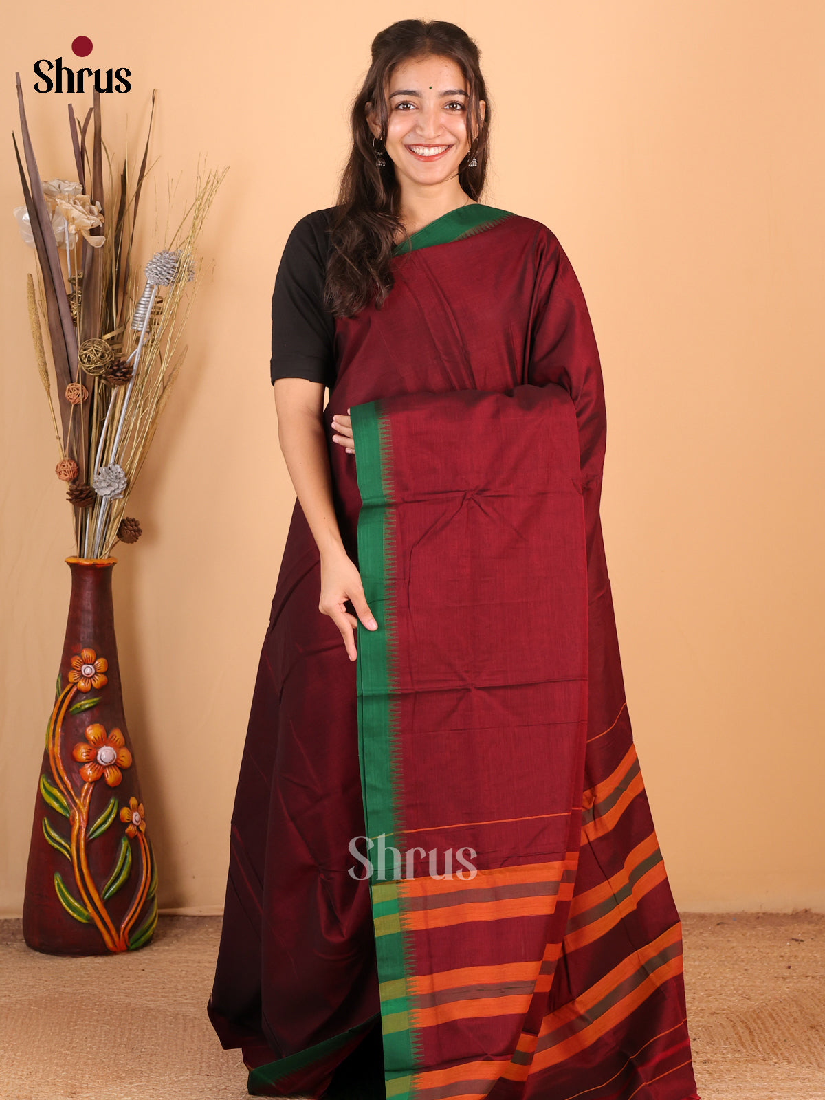 Maroon & Green- Narayanpet Cotton Saree - Shop on Shrus.com