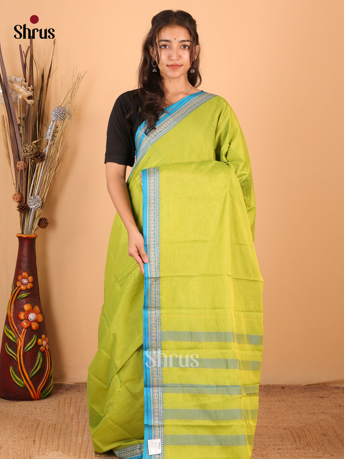 Lime Green & Blue - Narayanpet Cotton Saree - Shop on Shrus.com