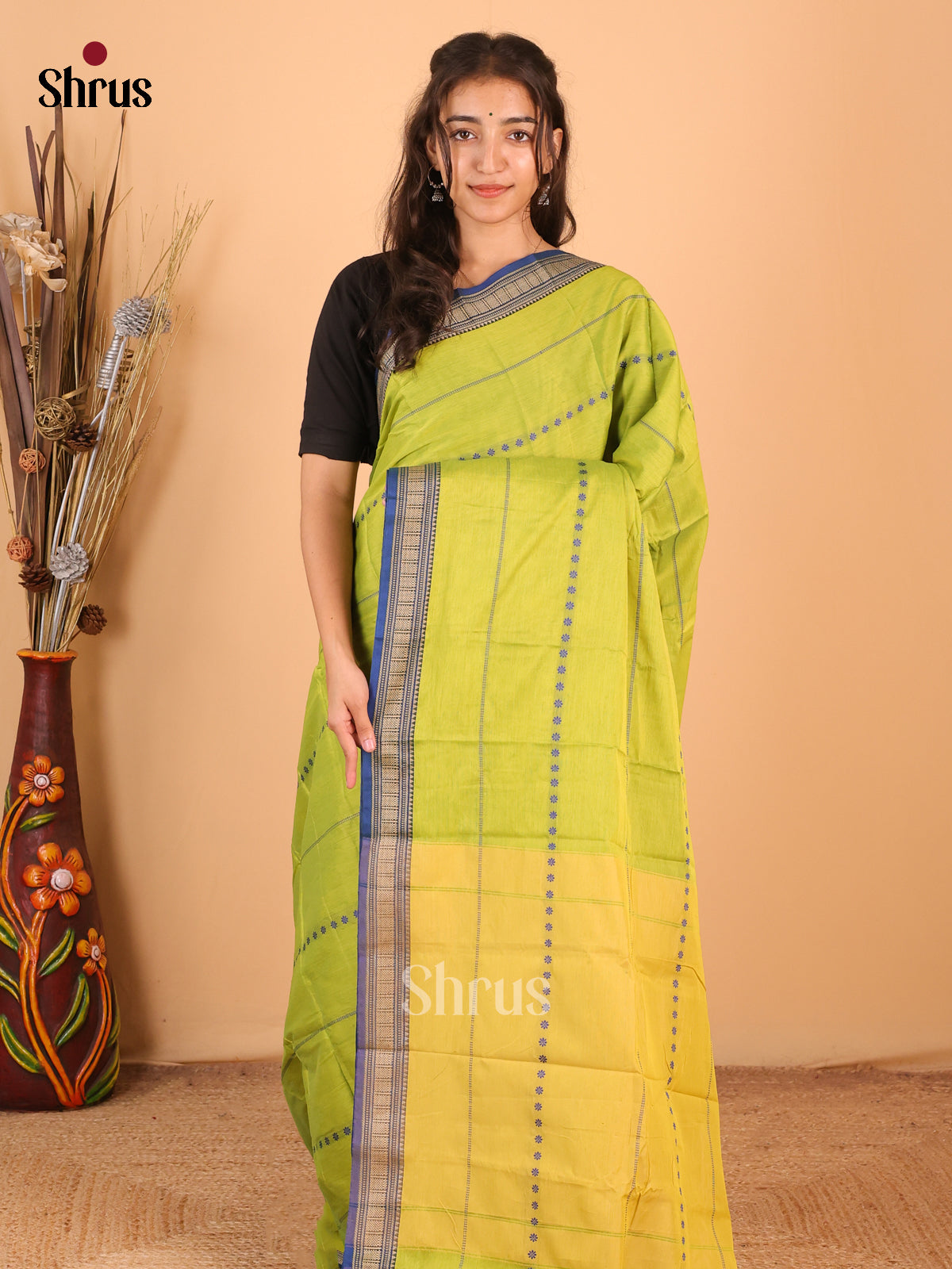 Lite Green & Blue - Narayanpet Cotton Saree - Shop on Shrus.com