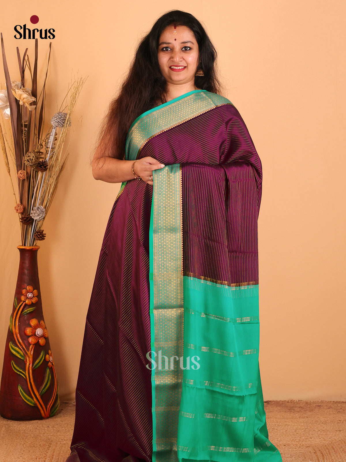 Wine & Green - Mysore Silk Saree - Shop on Shrus.com