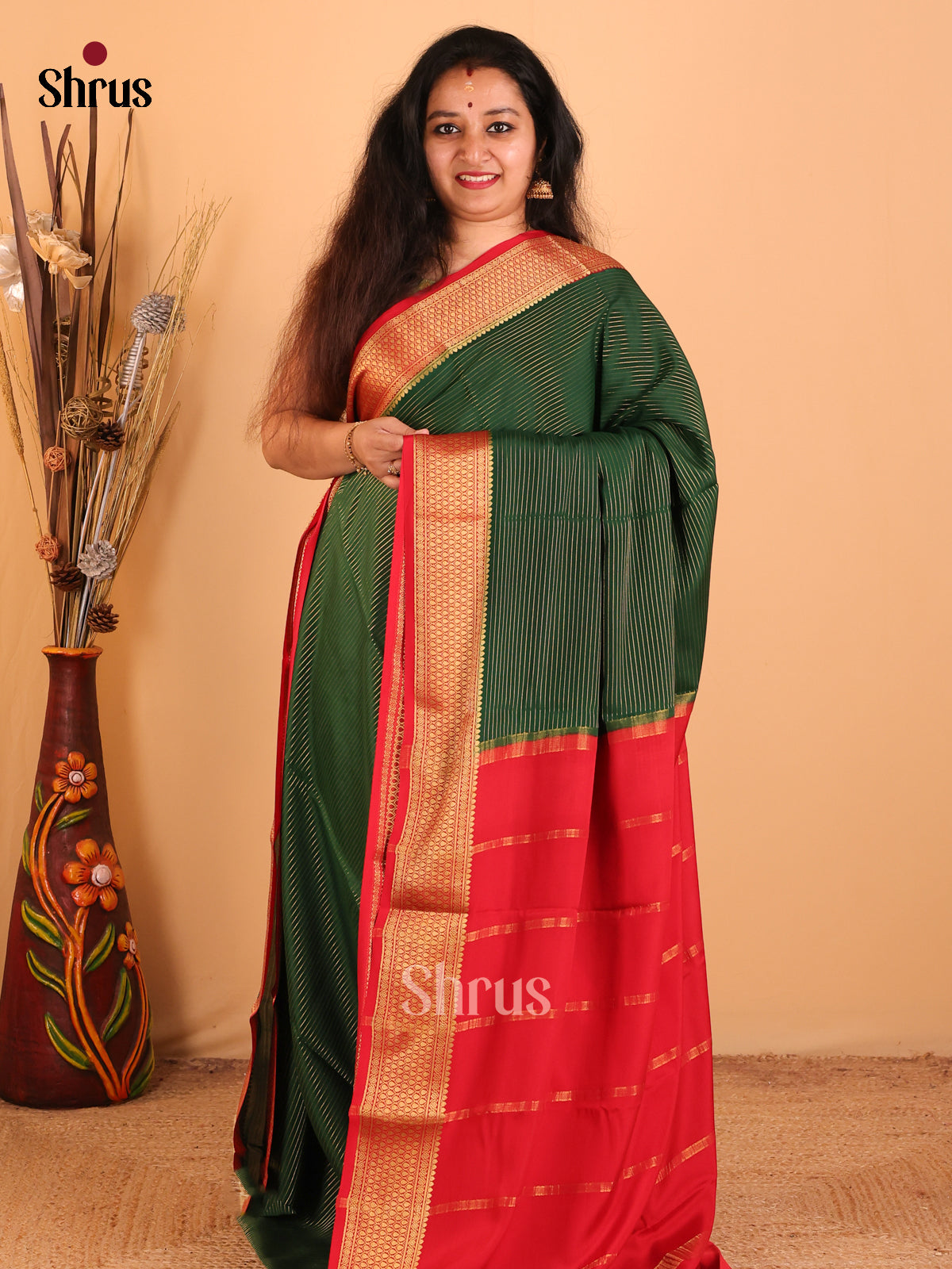 Green & Red - Mysore Silk Saree - Shop on Shrus.com