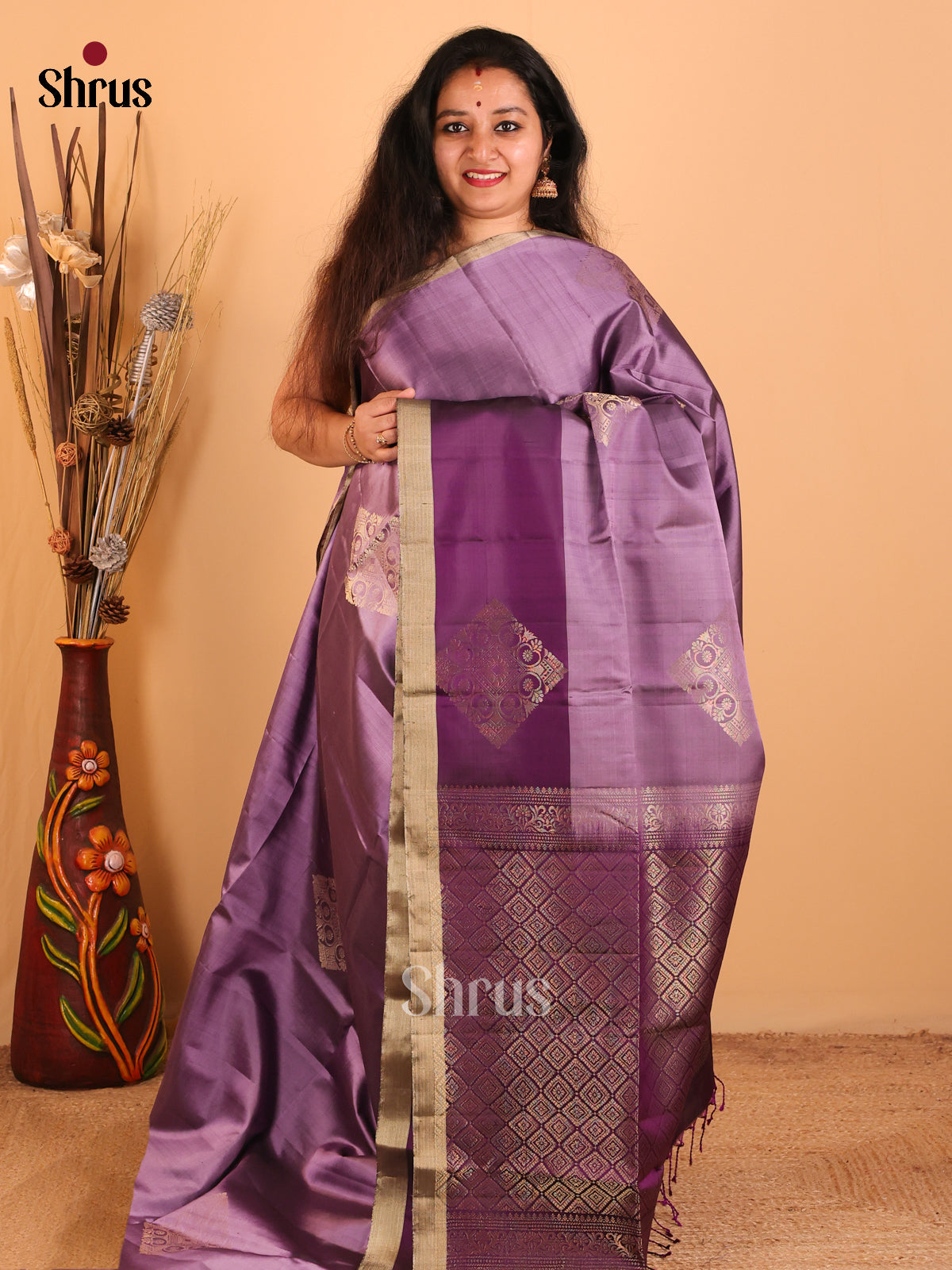 Ethereal Lavender Soft Silk Saree with Floral Motifs, Violet Floral Zari & Brocade Pallu - Shop on Shrus.com