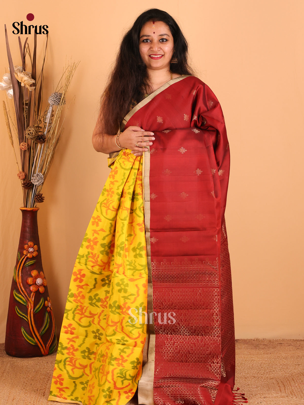 Maroon & Yellow - Soft Silk Saree - Shop on Shrus.com
