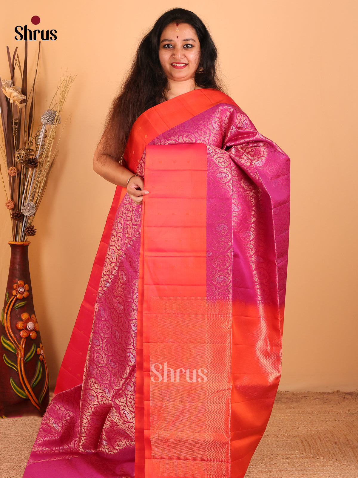 Majestic Pink & Orangish Pink Soft Silk Saree with zari woven paisley brocade-1