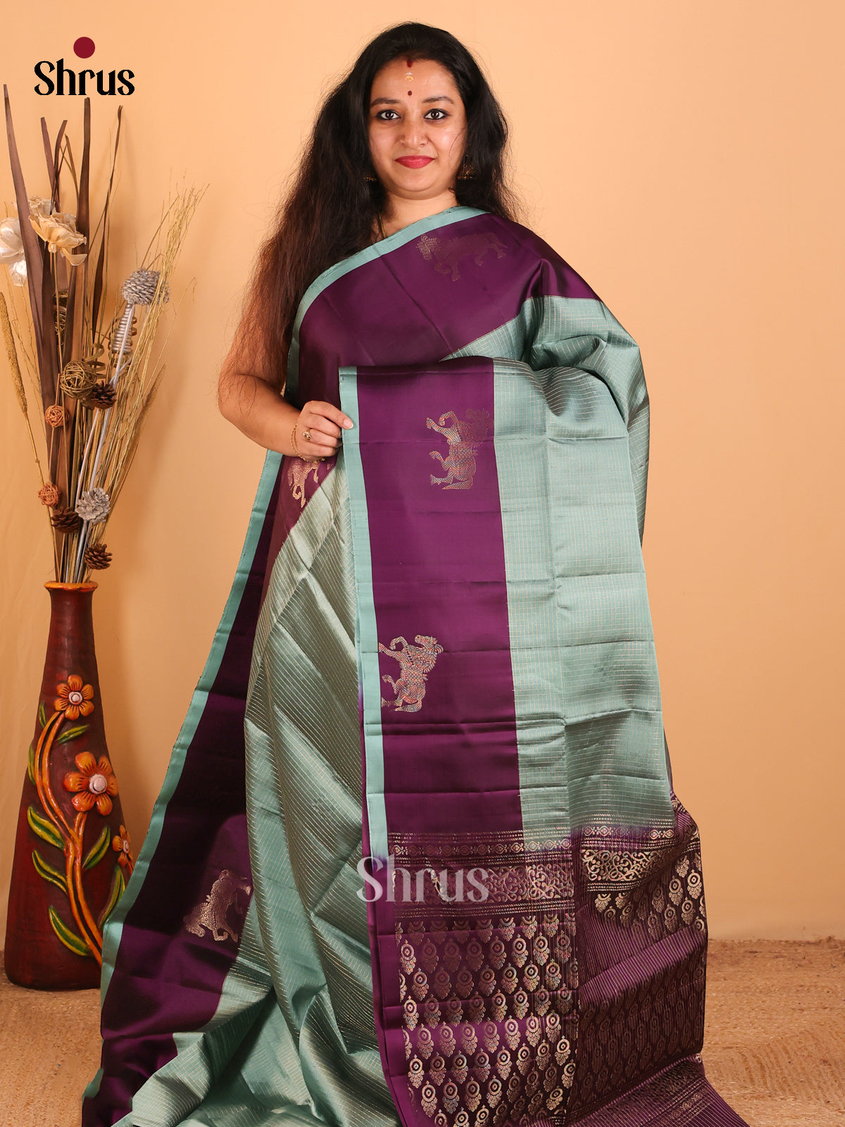 Pastel Green & Violet - Soft Silk Saree - Shop on Shrus.com