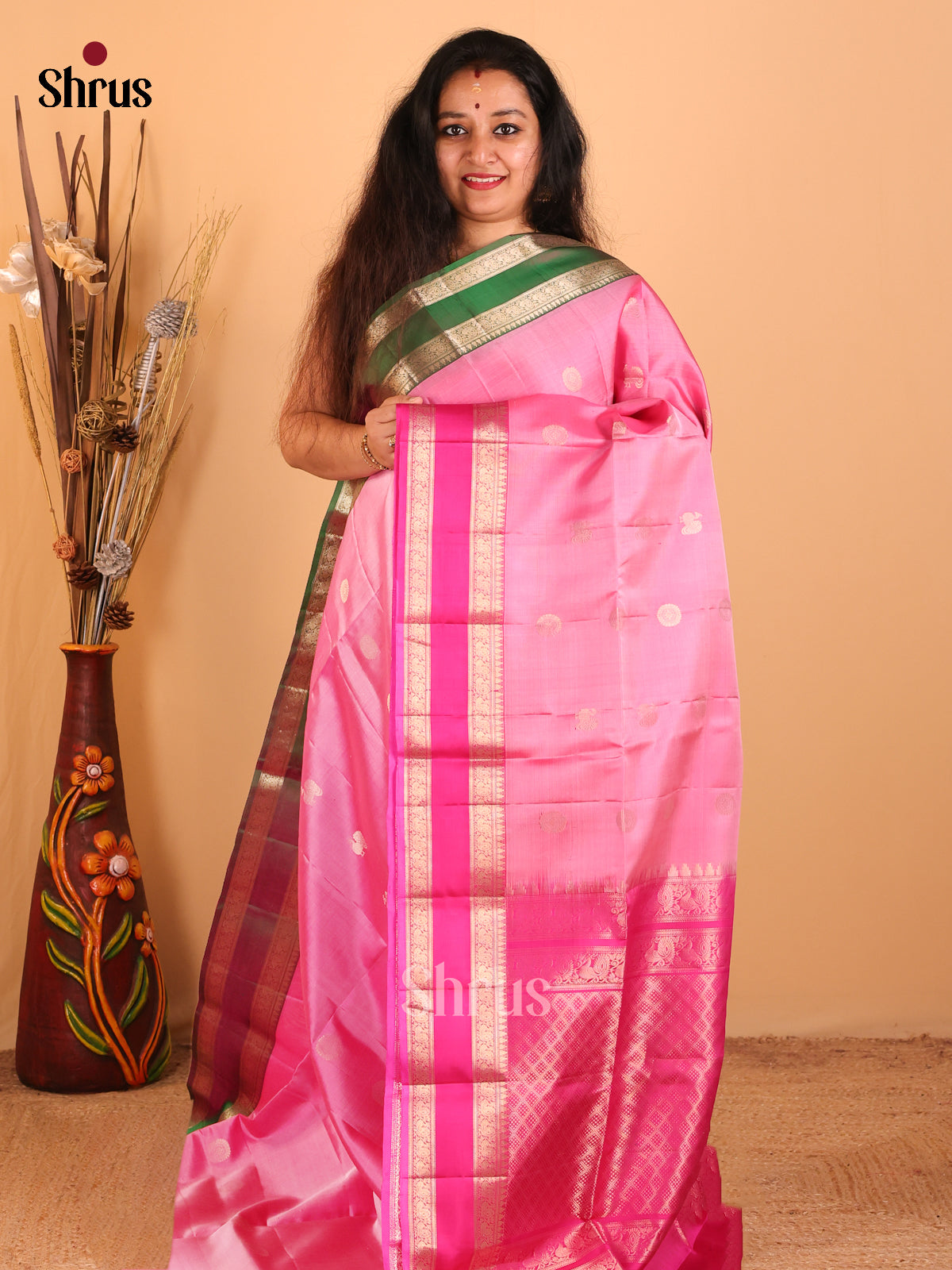 Pink & Green- Soft Silk Saree - Shop on Shrus.com