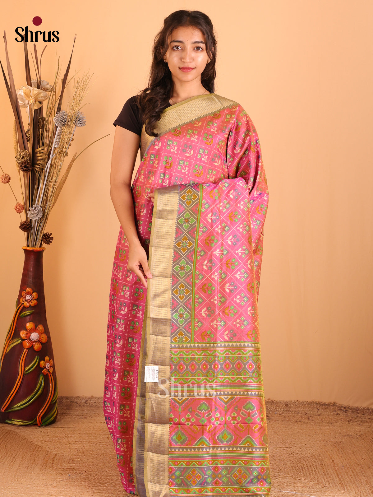 Pink & Green - Semi Patola Saree - Shop on Shrus.com