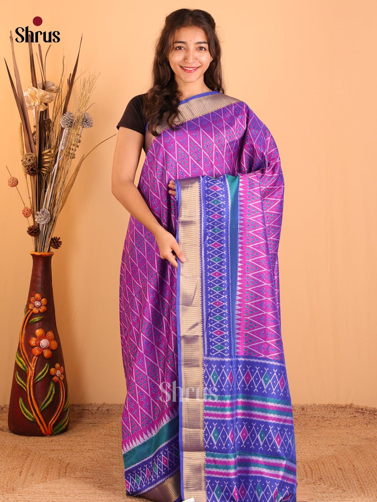 Purple & Blue - Semi Patola Saree - Shop on Shrus.com