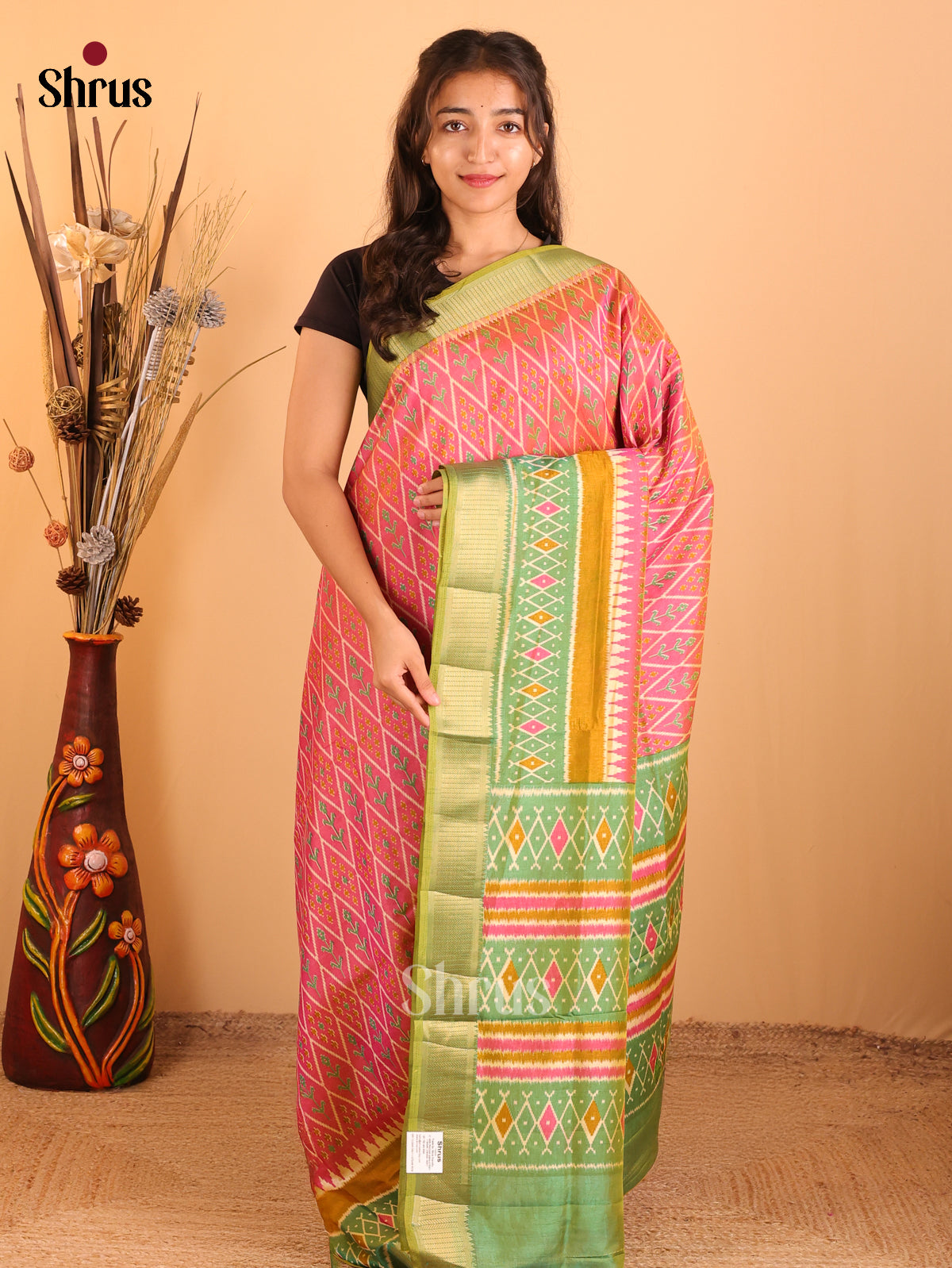 Pink & Green - Semi Patola Saree - Shop on Shrus.com