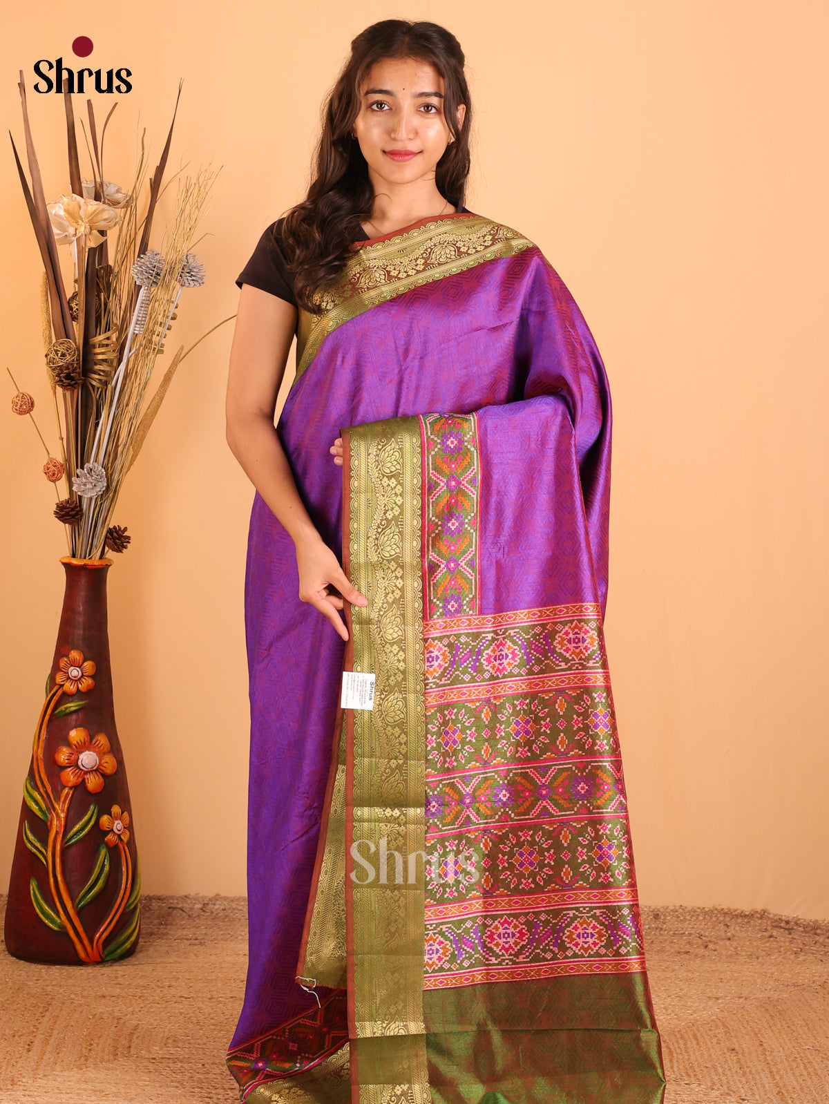 Purple & Green - Semi Patola Saree - Shop on Shrus.com