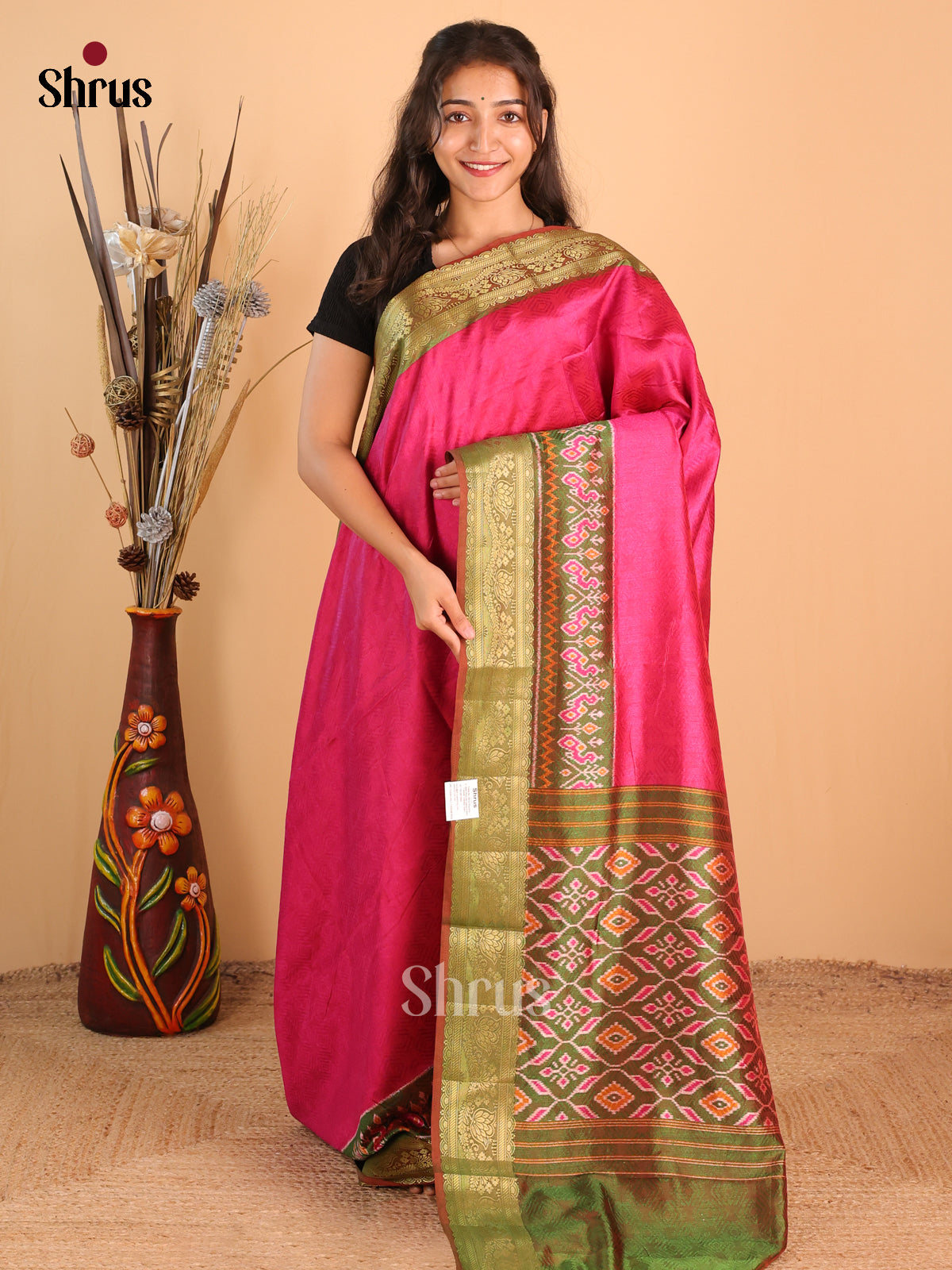 Pink & Green - Semi Patola Saree - Shop on Shrus.com