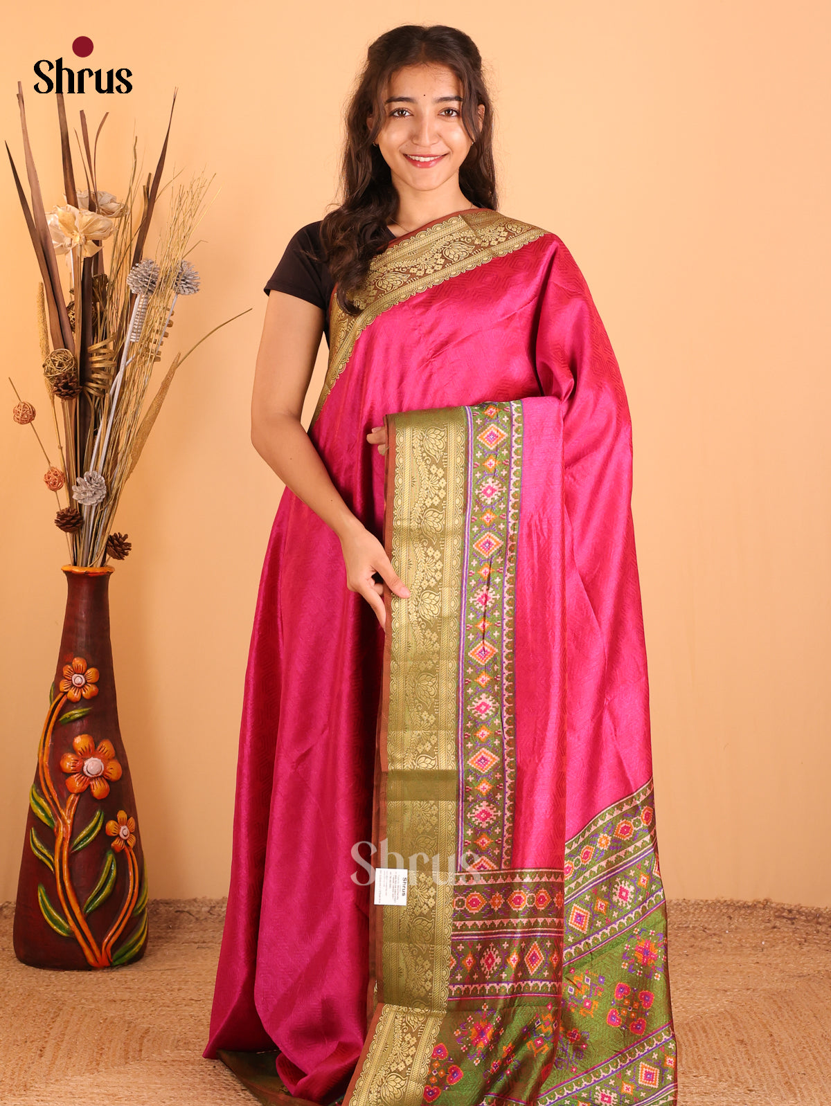 Pink & Green - Semi Patola Saree - Shop on Shrus.com