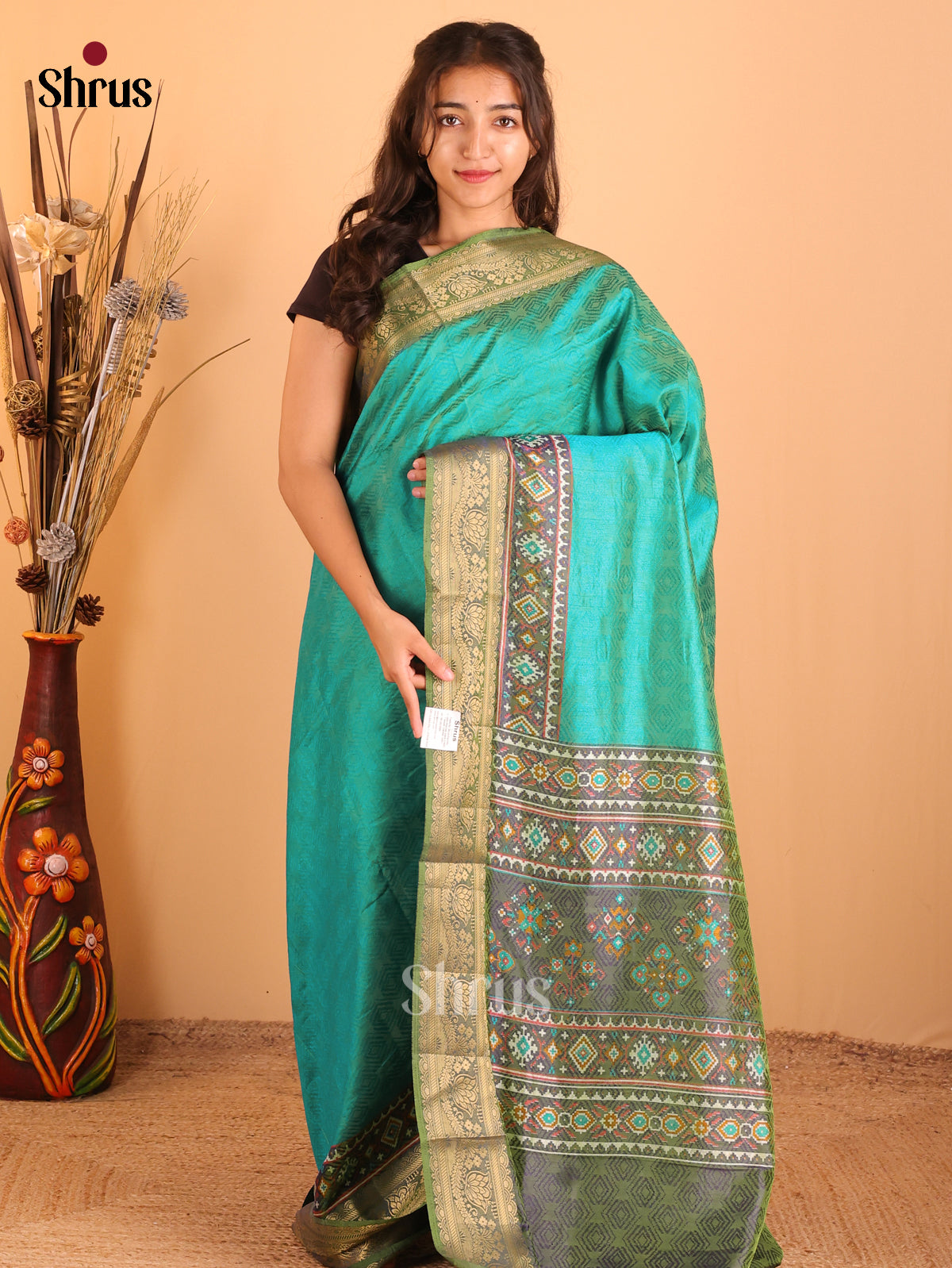 Teal Green & Light Green - Semi Patola Saree - DCS18064 - Shop on Shrus.com