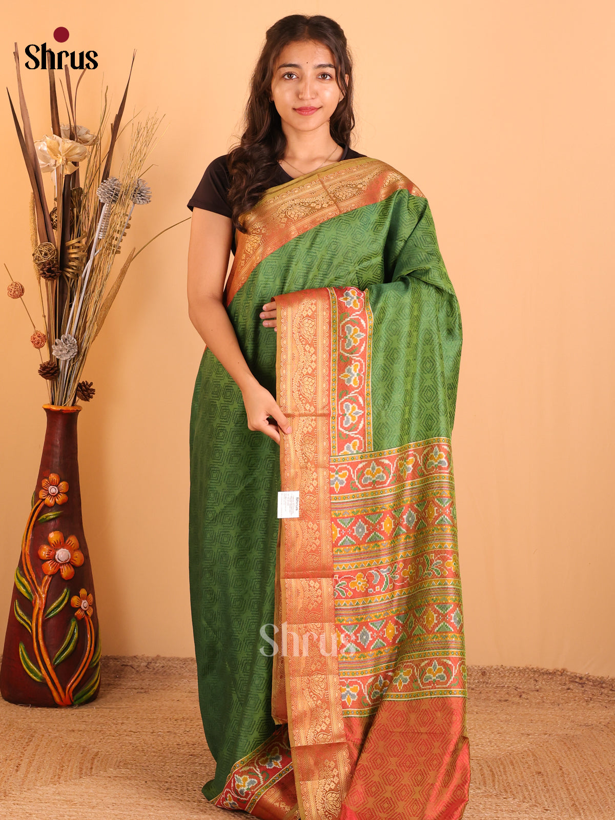 Green & Brick- Semi Patola Saree - Shop on Shrus.com