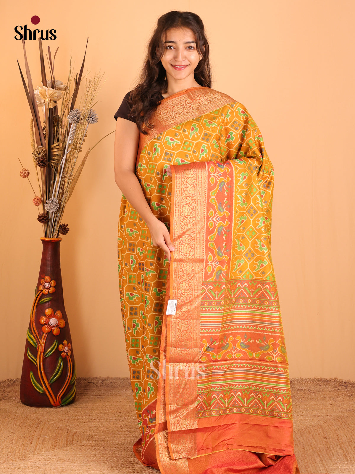 Mustard &Orange - Semi Patola Saree - Shop on Shrus.com