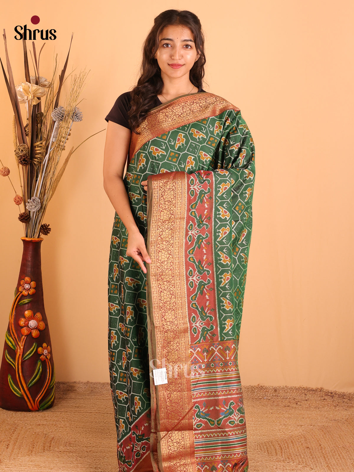 Green & Brown - Semi Patola Saree - Shop on Shrus.com