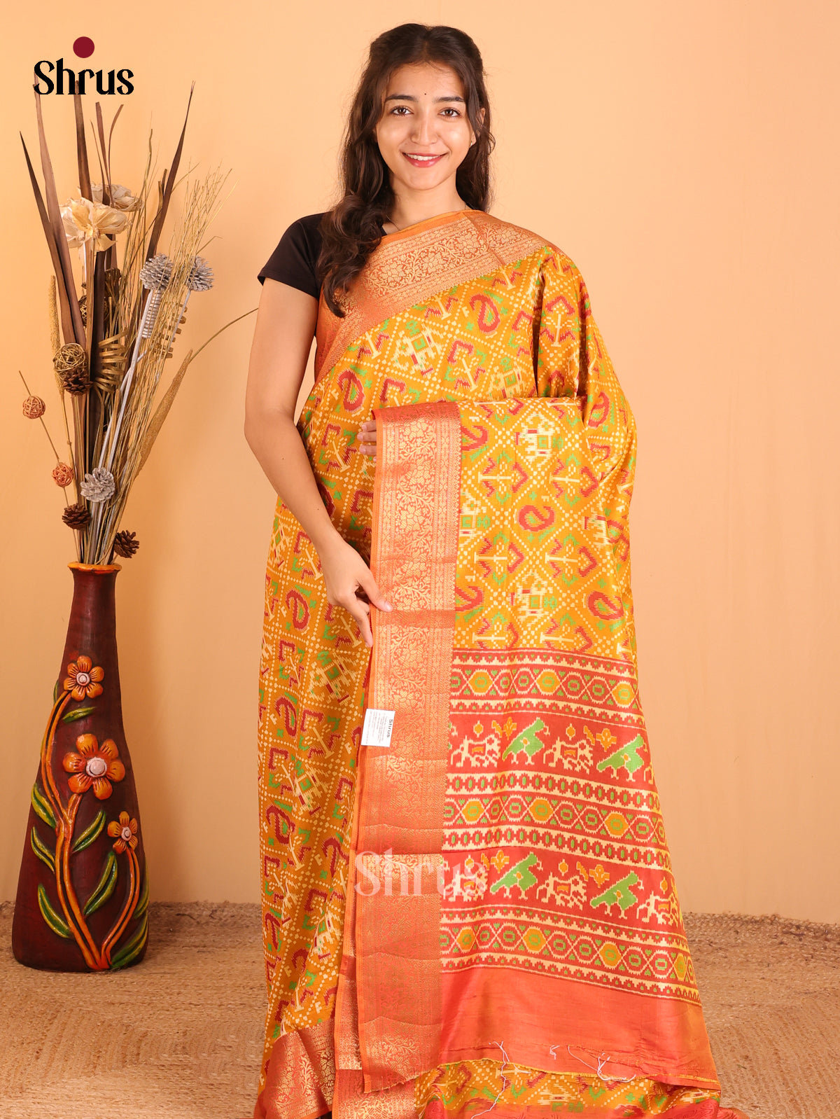 Mustard & Orange - Semi Patola Saree - Shop on Shrus.com