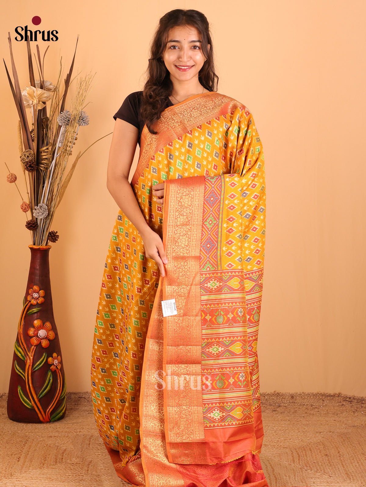 Mustard & Orange - Semi Patola Saree - Shop on Shrus.com