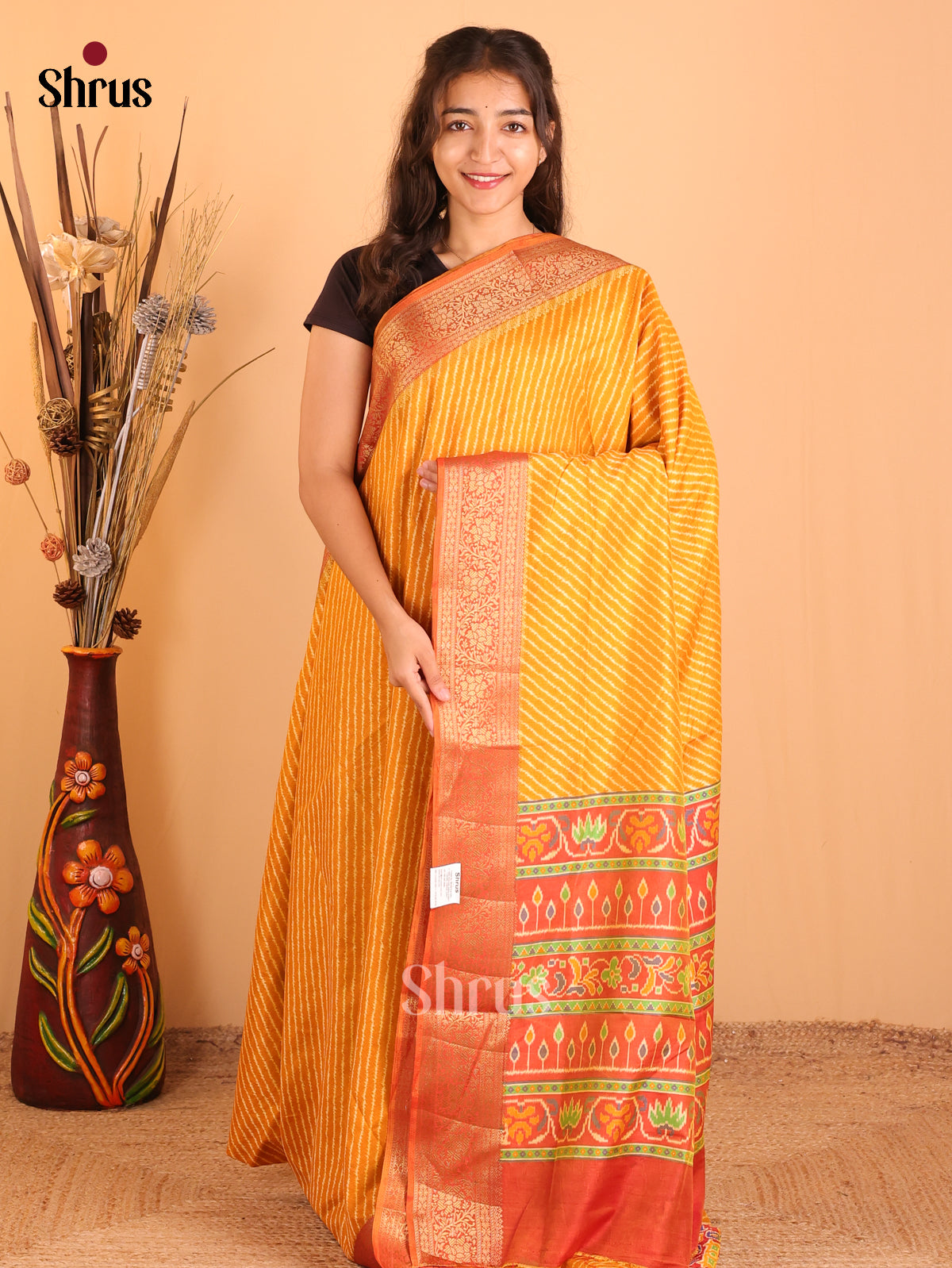 Mustard & Orange - Semi Patola Saree - Shop on Shrus.com