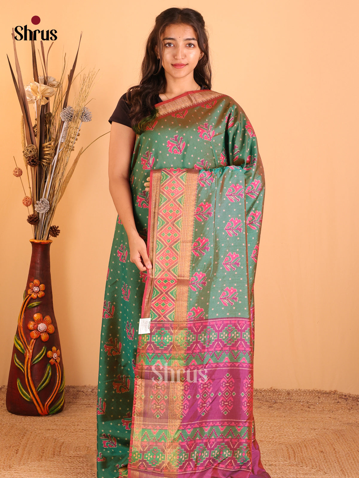 greyish Green & Dark onion Pink - Semi Patola Saree - DCS18124 - Shop on Shrus.com