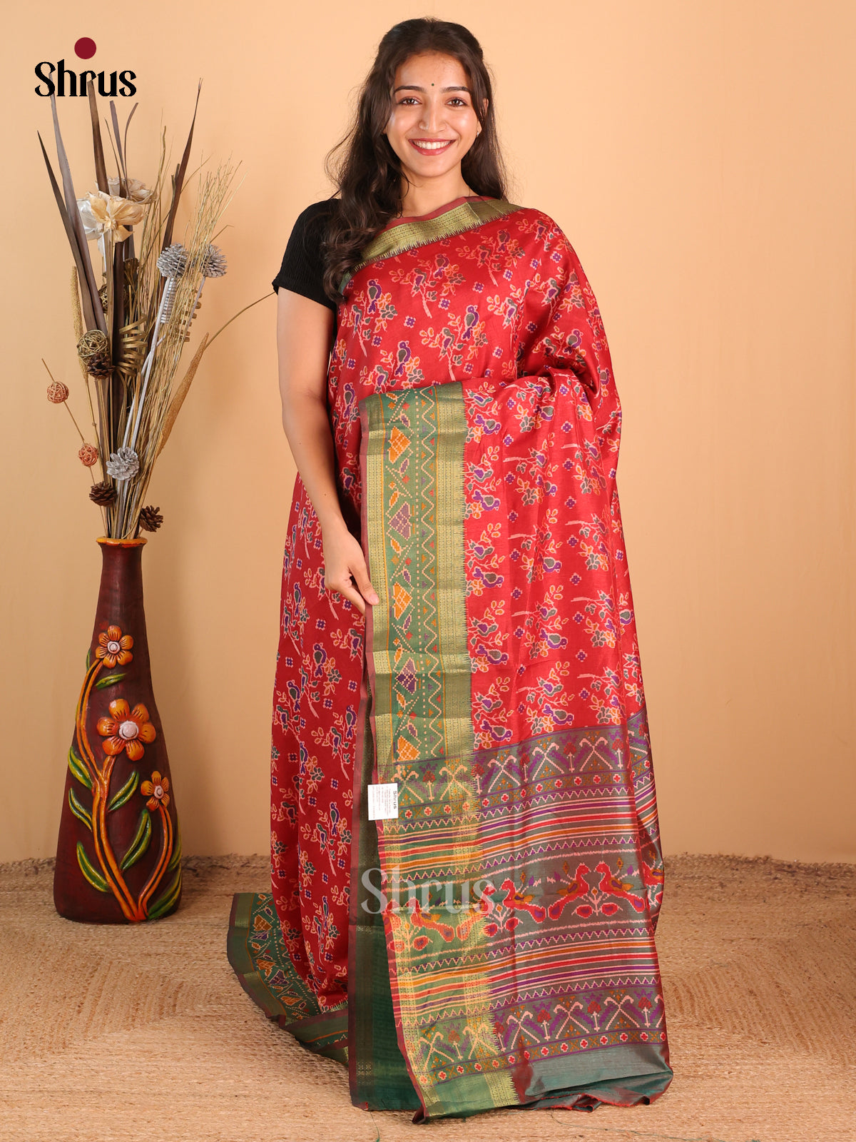 Red & Green - Semi Patola Saree - Shop on Shrus.com
