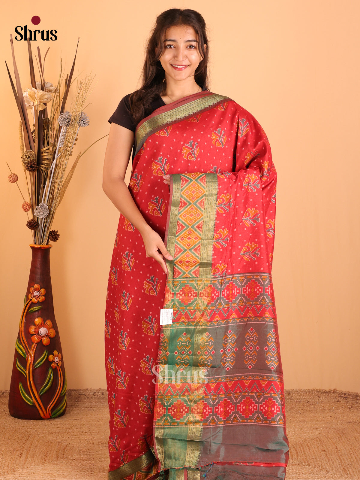 Red & Green - Semi Patola Saree - Shop on Shrus.com