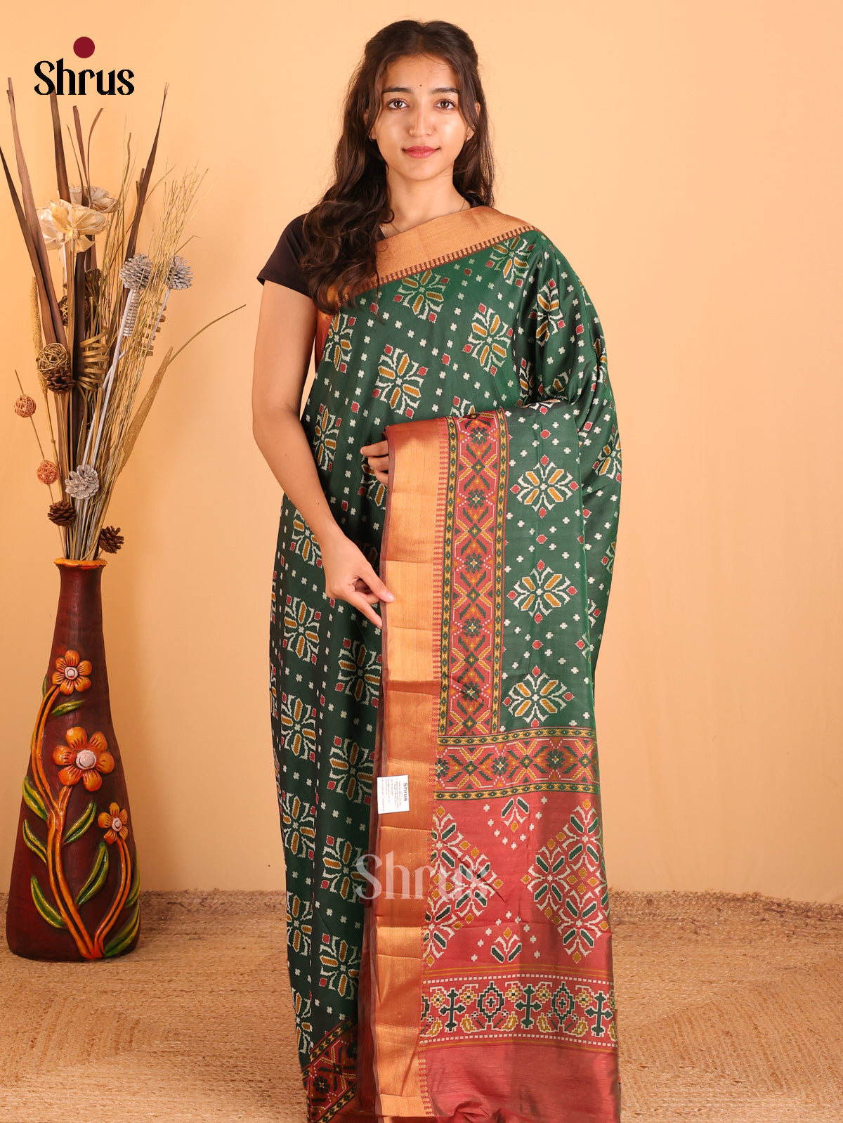 Green & Brown- Semi Patola Saree - Shop on Shrus.com