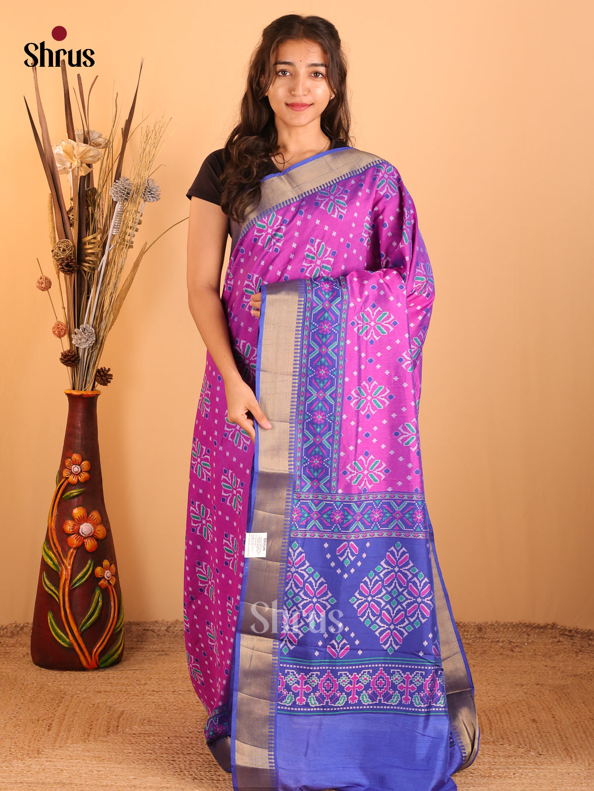 Pink & Blue - Semi Patola Saree - Shop on Shrus.com