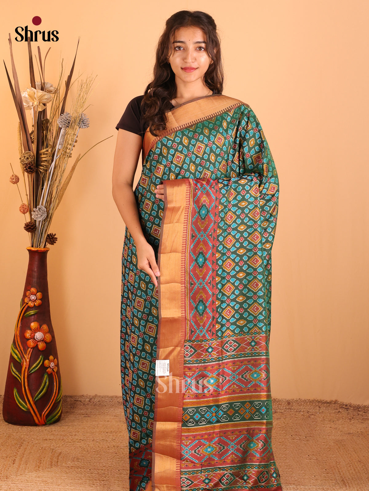 Green & Brown - Semi Patola Saree - Shop on Shrus.com