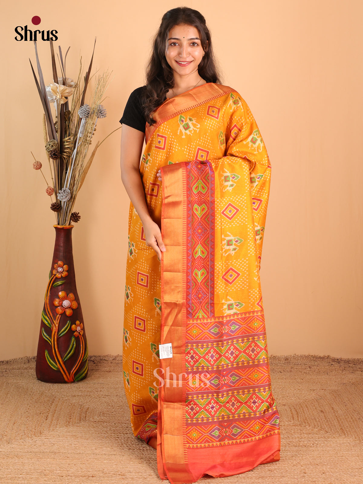 Mustard & Orange - Semi Patola Saree - Shop on Shrus.com