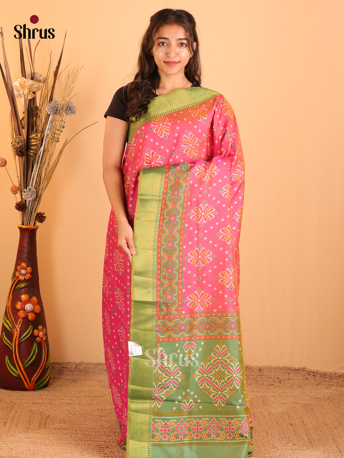 Pink & Green- Semi Patola Saree - Shop on Shrus.com