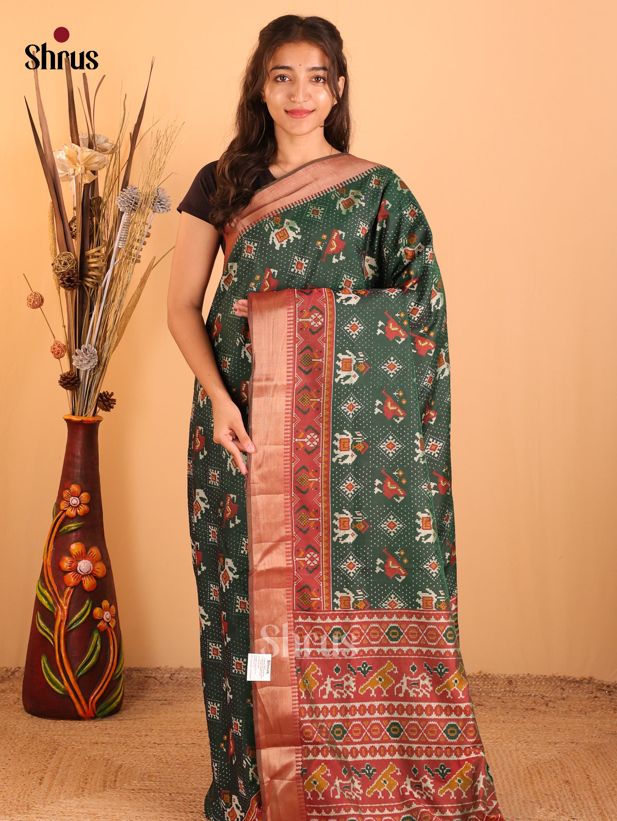 Green & Brown - Semi Patola Saree - Shop on Shrus.com